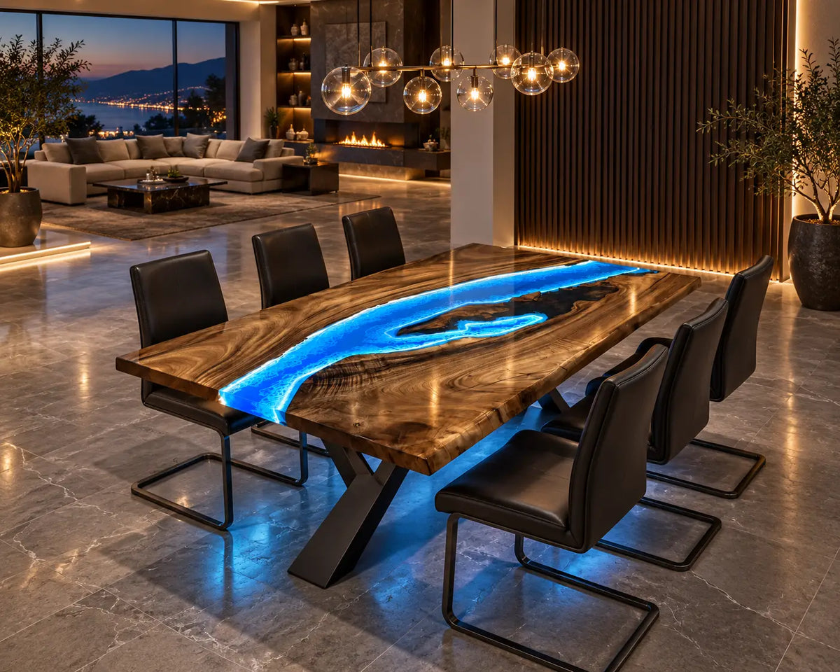 Custom LED Epoxy Resin Table with Blue Epoxy AL003