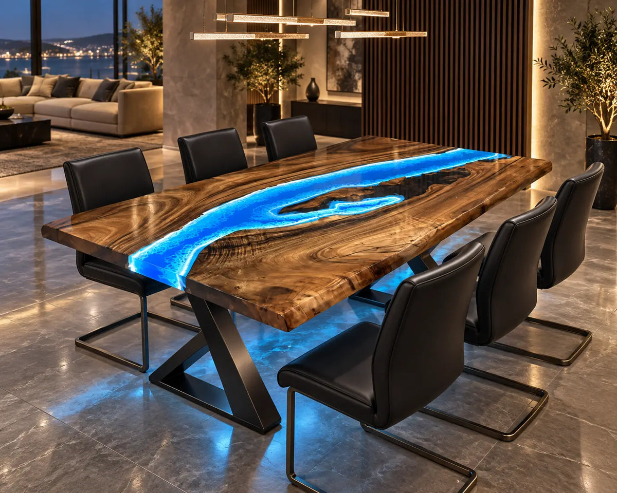 Custom LED Epoxy Resin Table with Blue Epoxy AL003