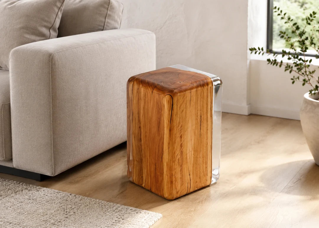AS02 wood accent stool with crystal×clear resin side walls and rounded edges