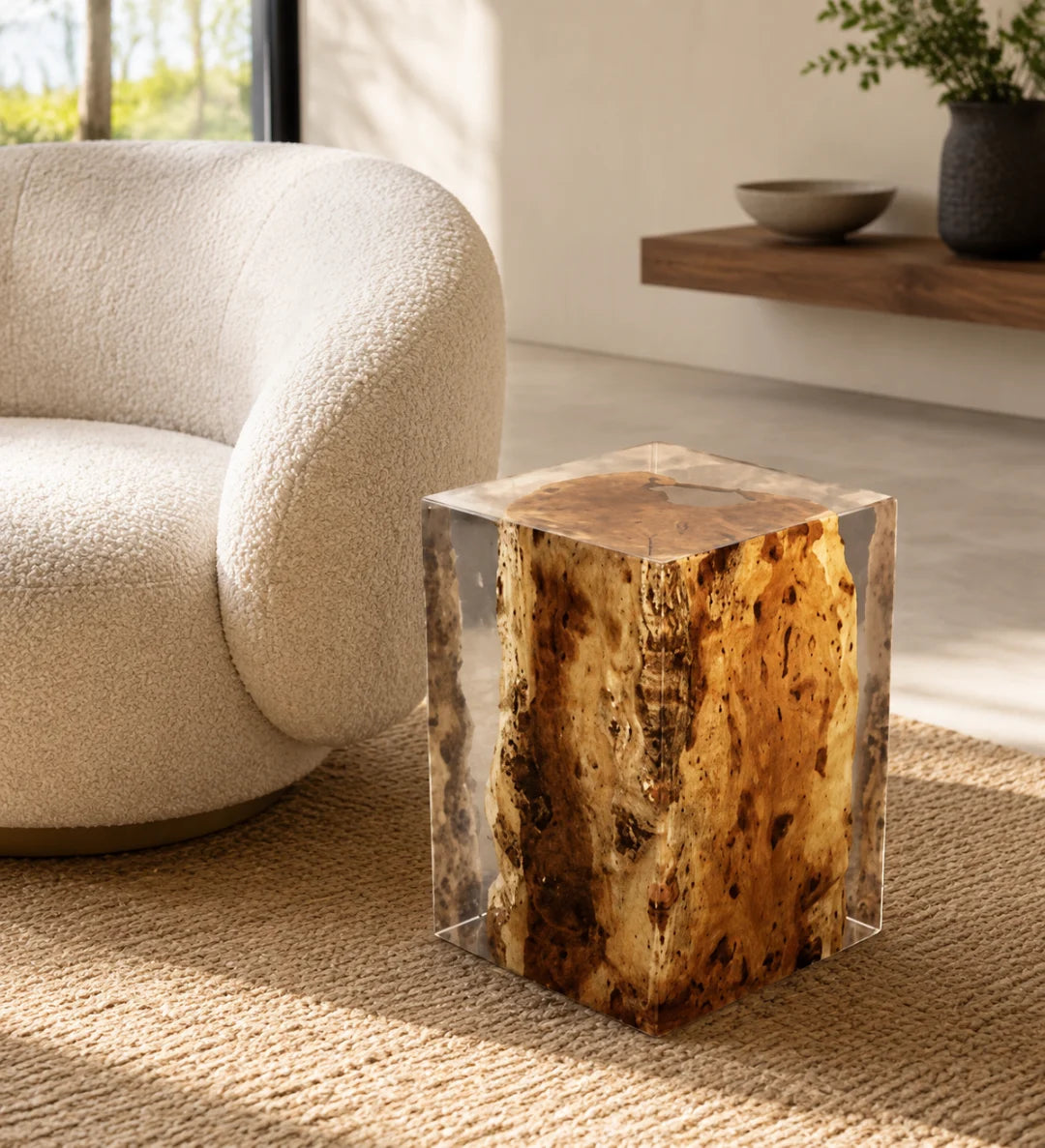 AS03 golden burl wood accent stool encased in crystal×clear resin