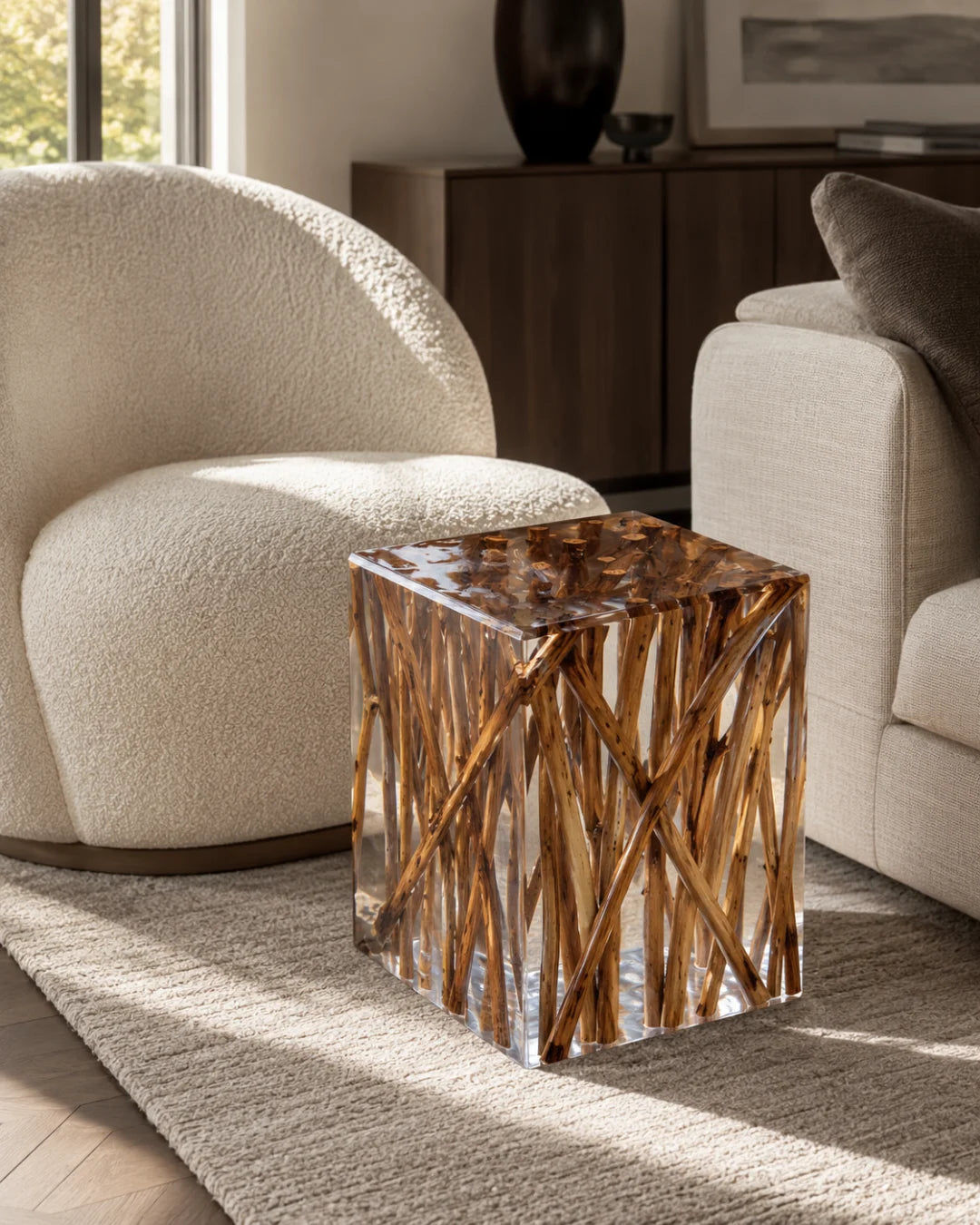 AS04 clear resin cube accent stool filled with interwoven amber twigs