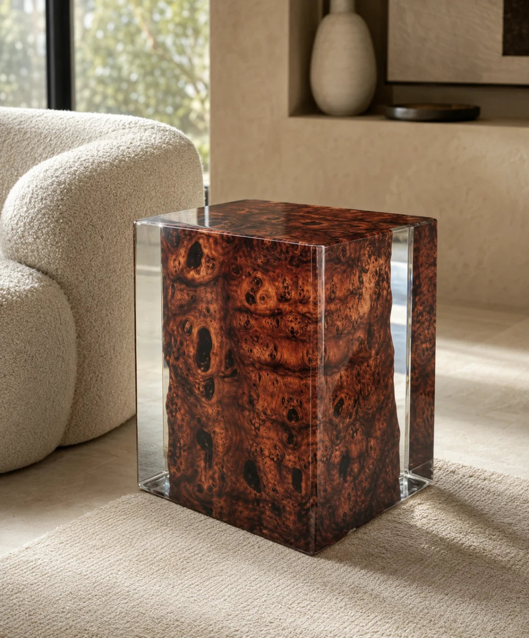 AS05 red×brown burl wood accent stool with crystal×clear resin side panels