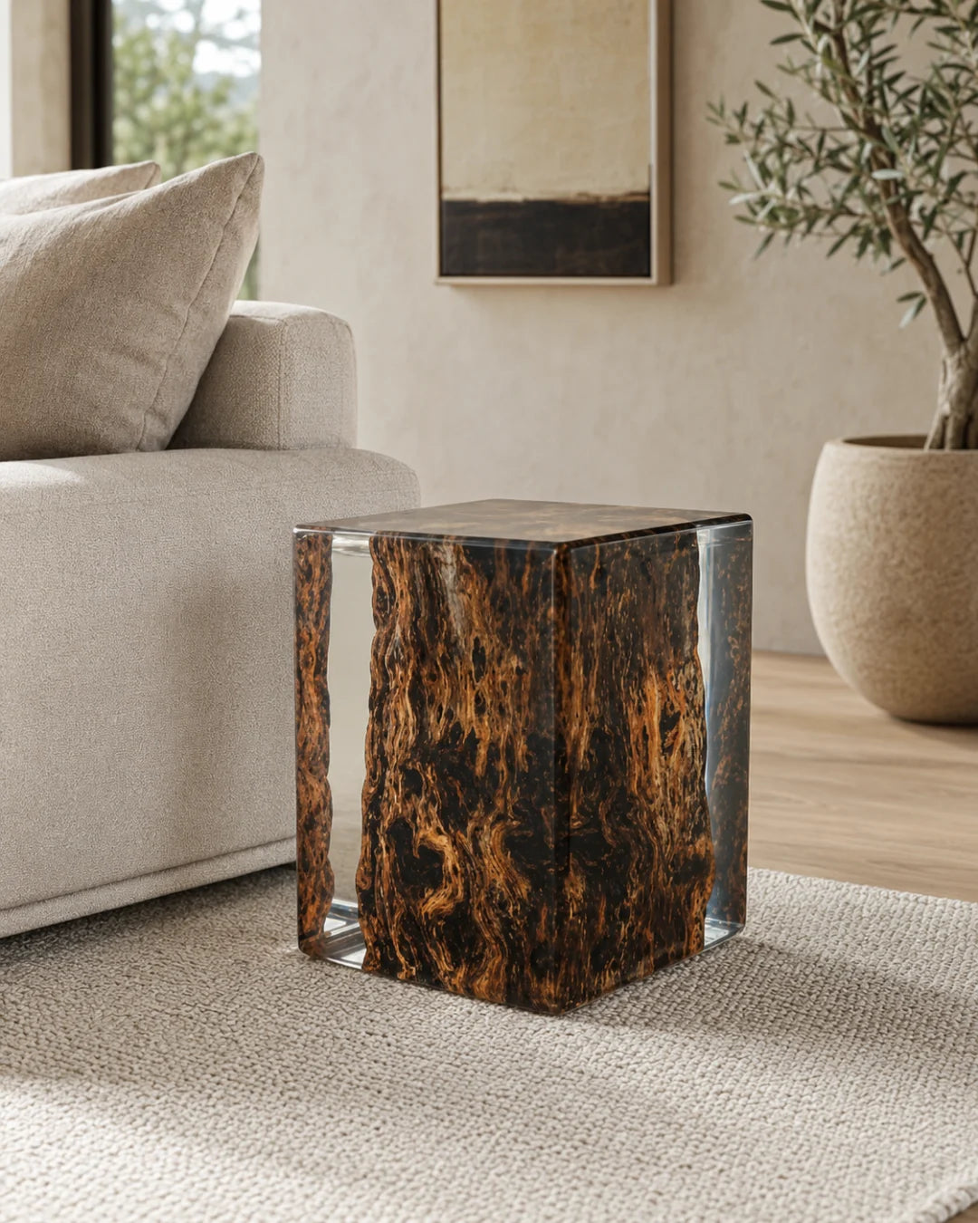 AS06 dark burl wood accent stool enclosed in crystal×clear resin