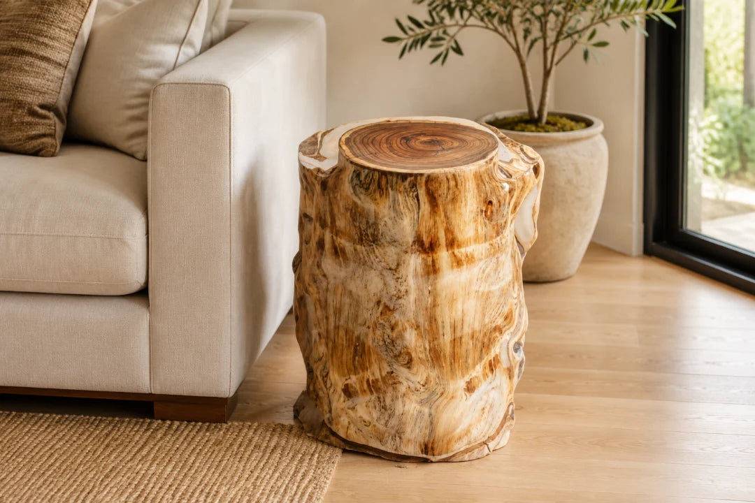 AS07 natural burl log accent stool with organic edge and visible growth rings