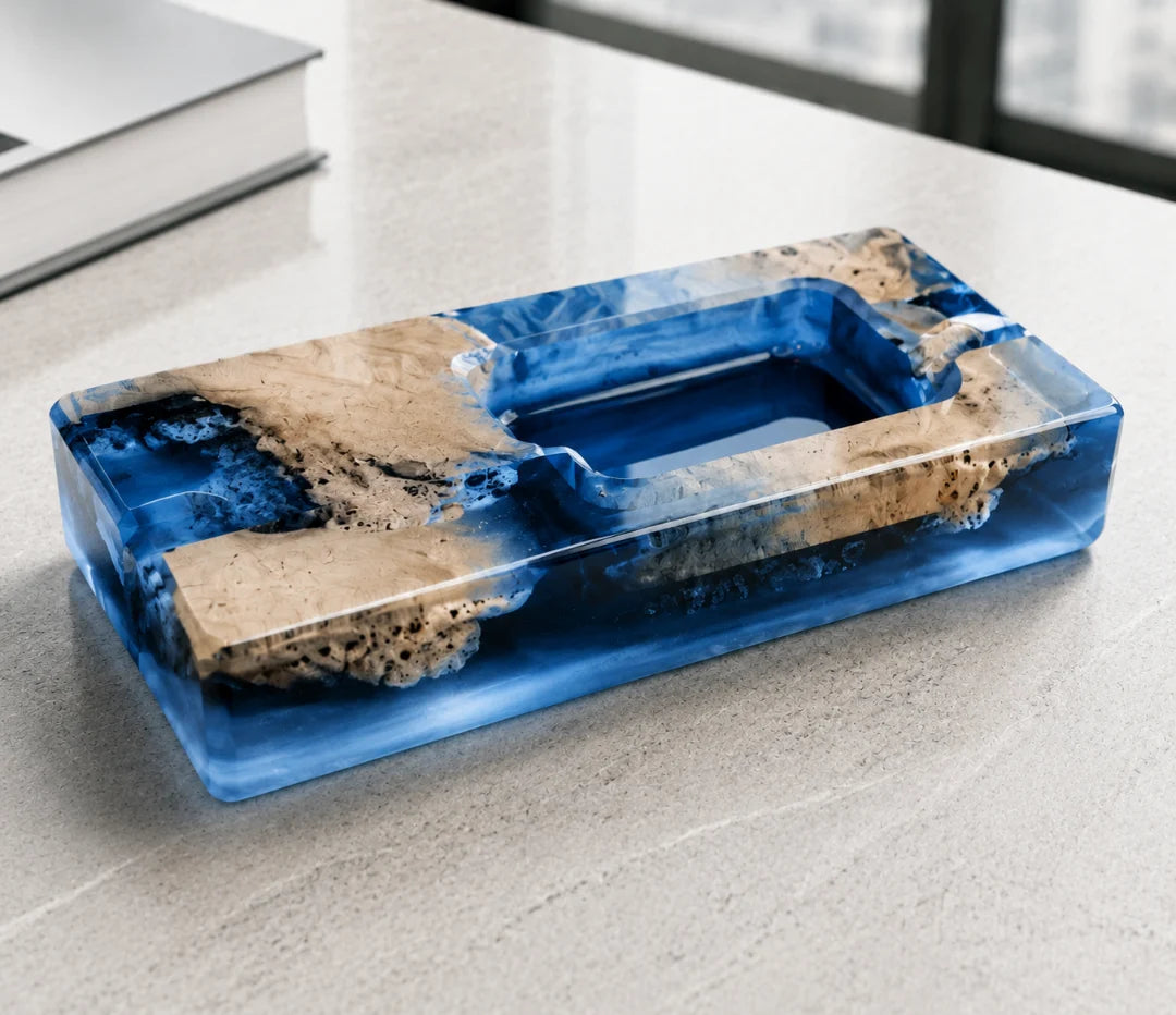 AT02 Blue Block royal blue epoxy ashtray with handcrafted resin and natural-grain detail