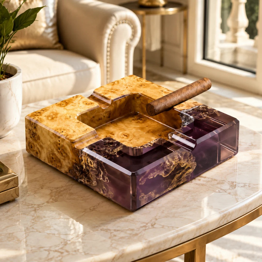 AT03 Amethyst Square smoky purple epoxy ashtray with handcrafted resin and natural-grain detail