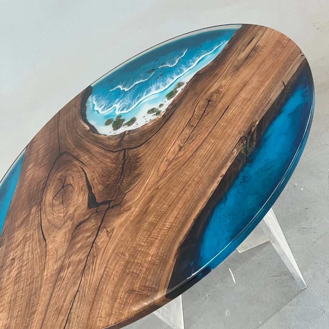 Aurora In Stock 47" x 47" x 2" Luxury Walnut Round Epoxy Ocean Wave Beach Table ATD0026