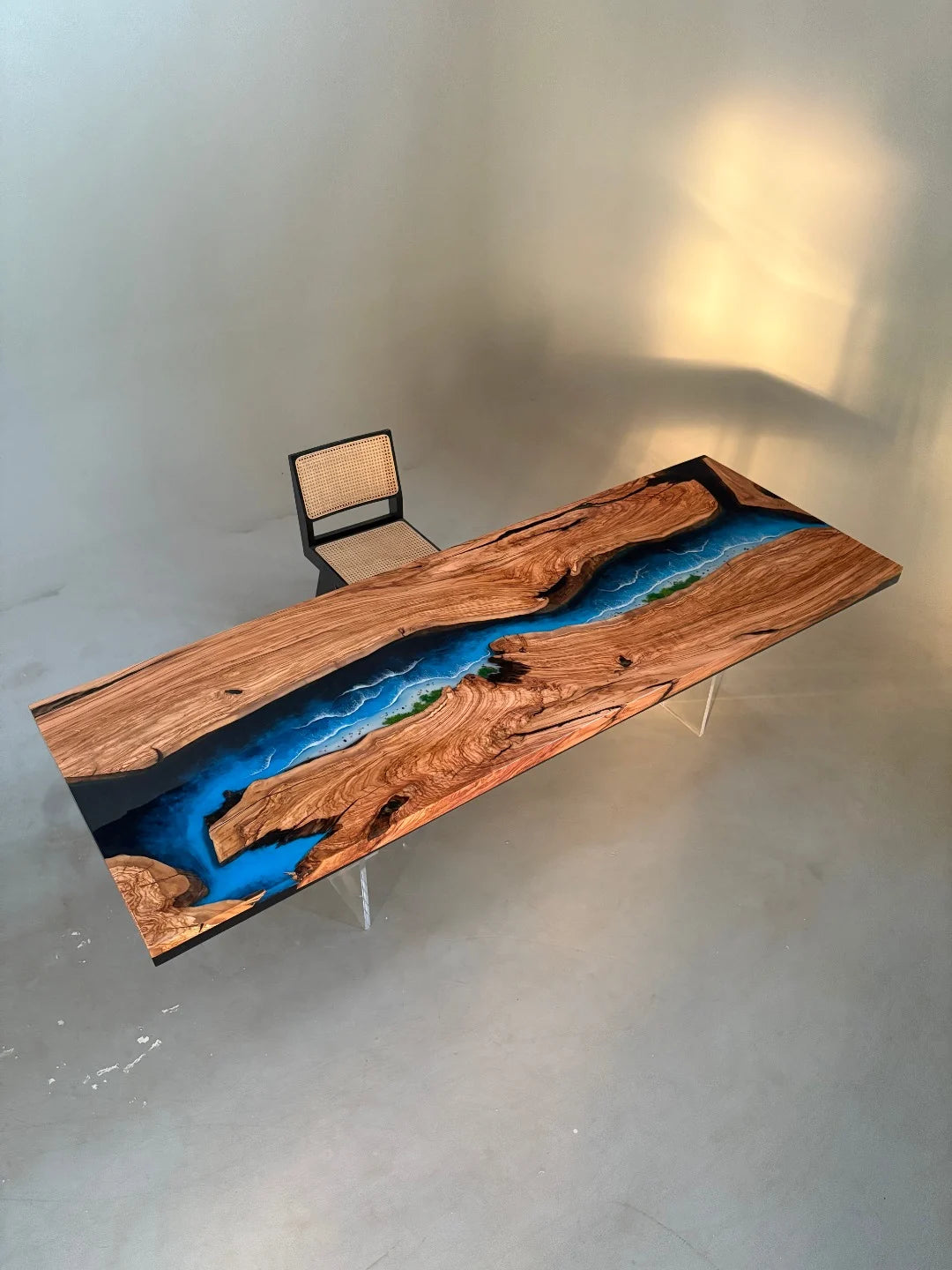 Aurora In Stock 39" x 110" x 3" Luxury Italian Olive Wood Epoxy Ocean Wave Beach Table ATD0035