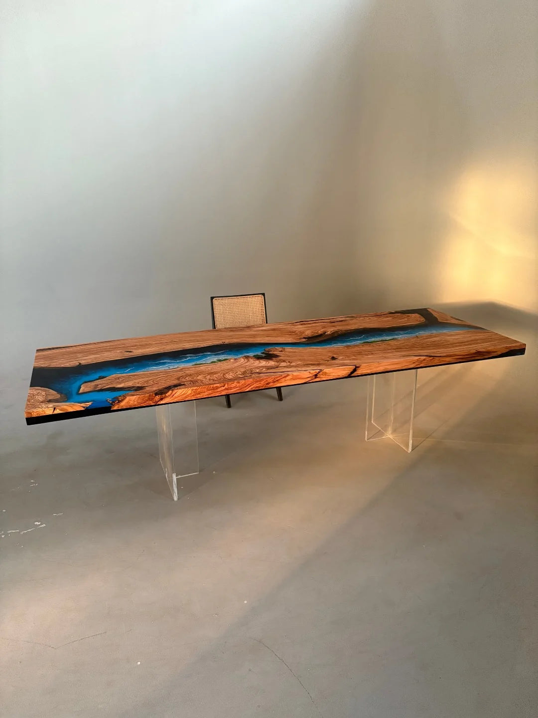 Aurora In Stock 39" x 110" x 3" Luxury Italian Olive Wood Epoxy Ocean Wave Beach Table ATD0035