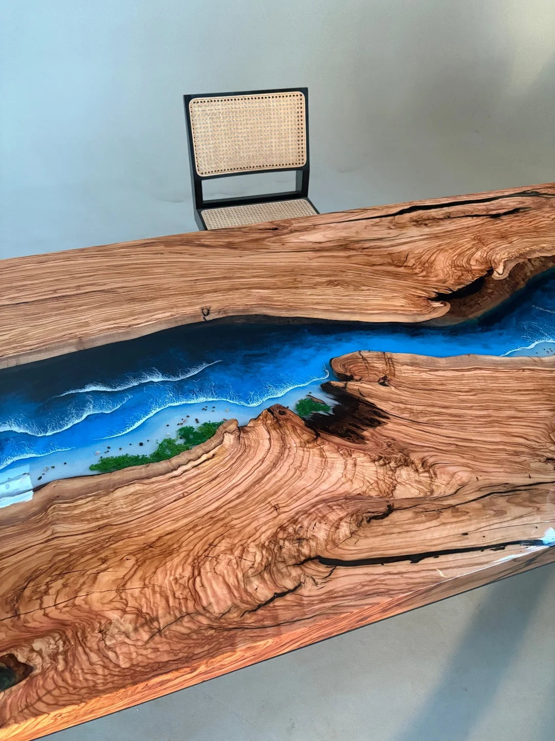 Aurora In Stock 39" x 110" x 3" Luxury Italian Olive Wood Epoxy Ocean Wave Beach Table ATD0035