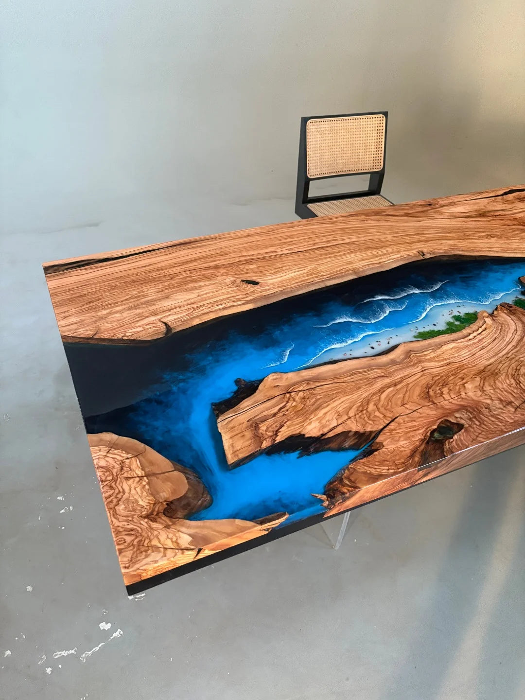Aurora In Stock 39" x 110" x 3" Luxury Italian Olive Wood Epoxy Ocean Wave Beach Table ATD0035