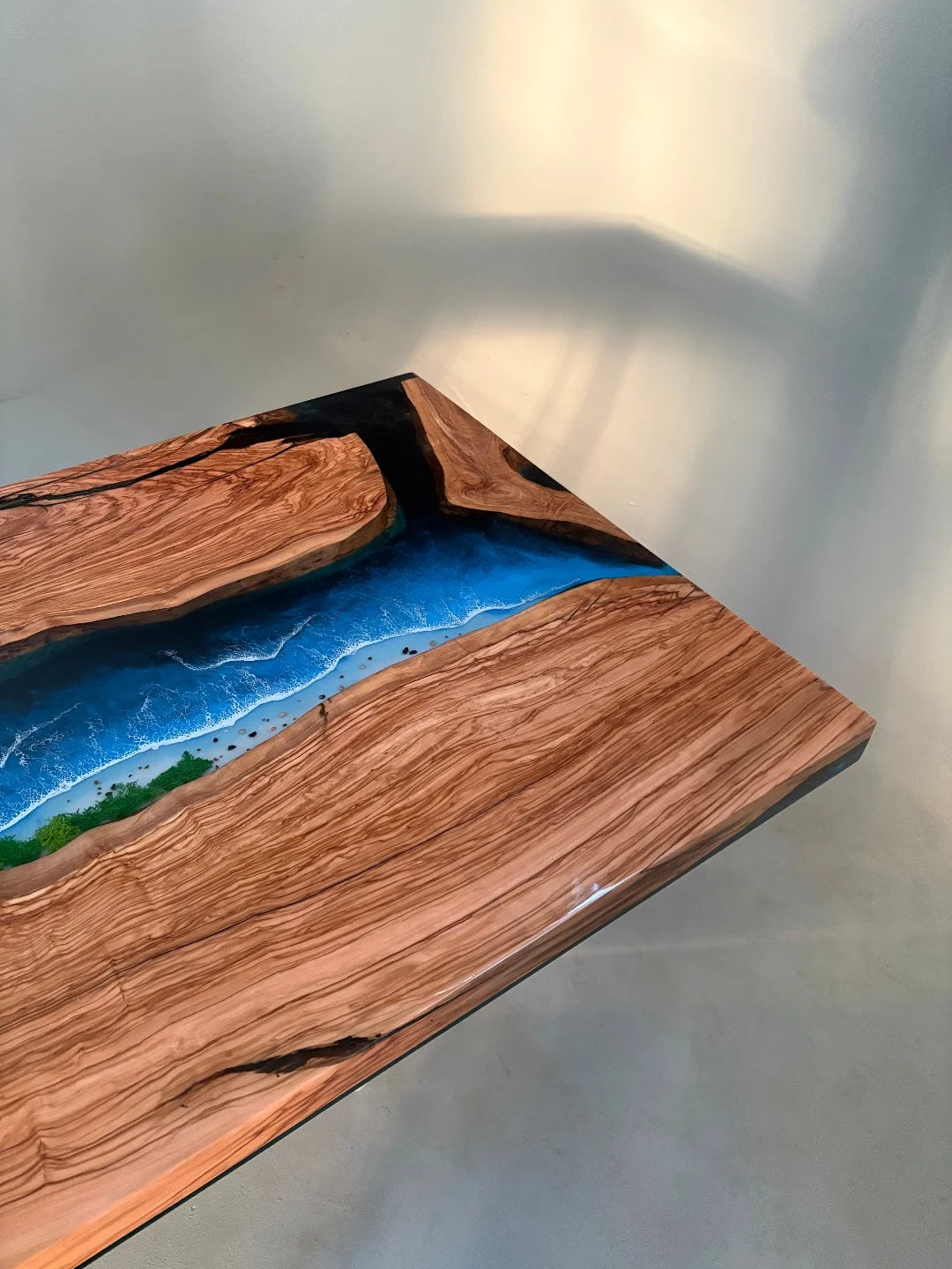 Aurora In Stock 39" x 110" x 3" Luxury Italian Olive Wood Epoxy Ocean Wave Beach Table ATD0035