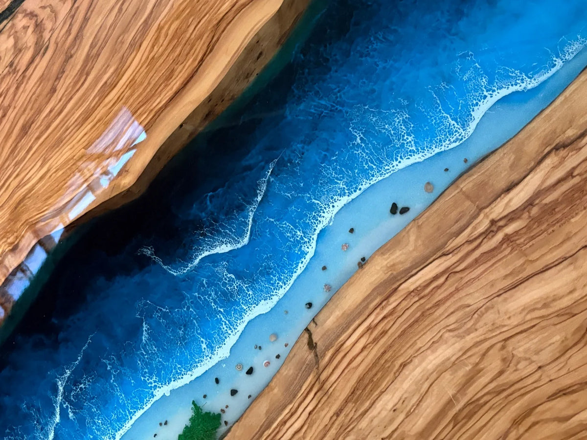Aurora In Stock 39" x 110" x 3" Luxury Italian Olive Wood Epoxy Ocean Wave Beach Table ATD0035