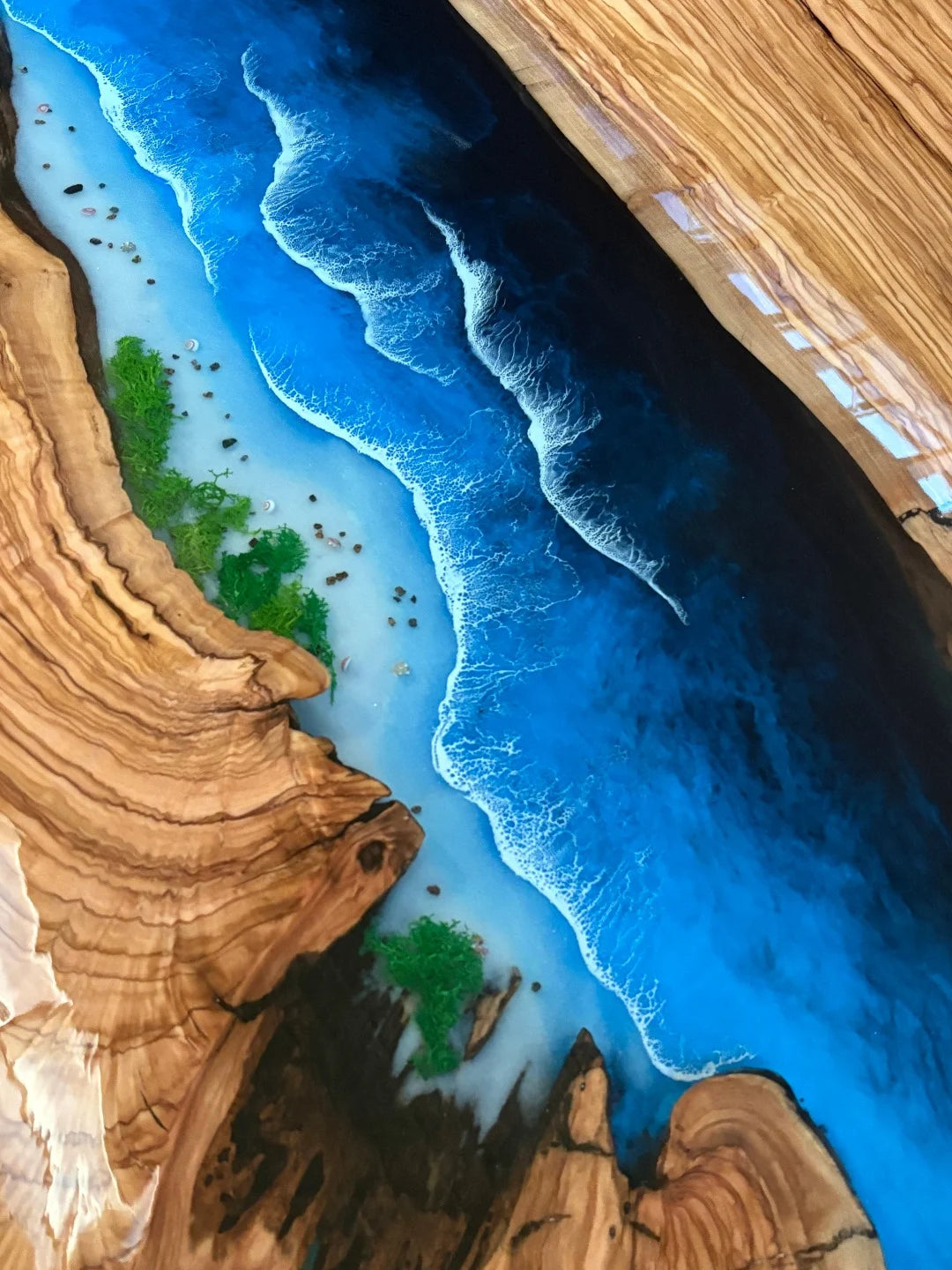 Aurora In Stock 39" x 110" x 3" Luxury Italian Olive Wood Epoxy Ocean Wave Beach Table ATD0035