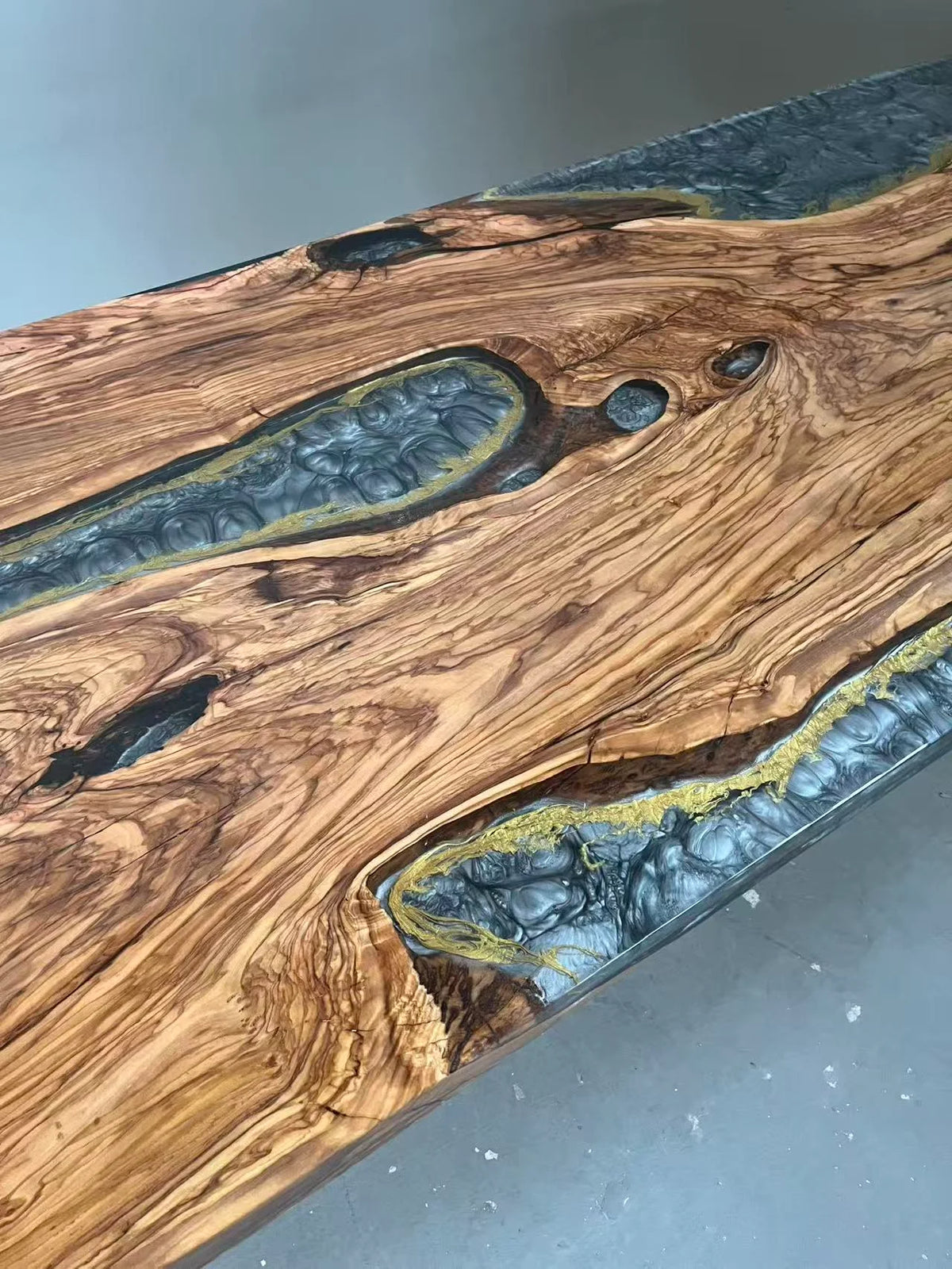 Aurora In Stock 35" x 94" x 2" Luxury Italian Olive Wood Epoxy Live Edge Table ATD0037 (Minor Imperfection)