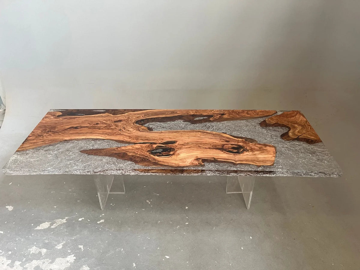 Aurora In Stock 39" x 110" x 3" Luxury Italian Olive Wood Epoxy Live Edge Table ATD0038