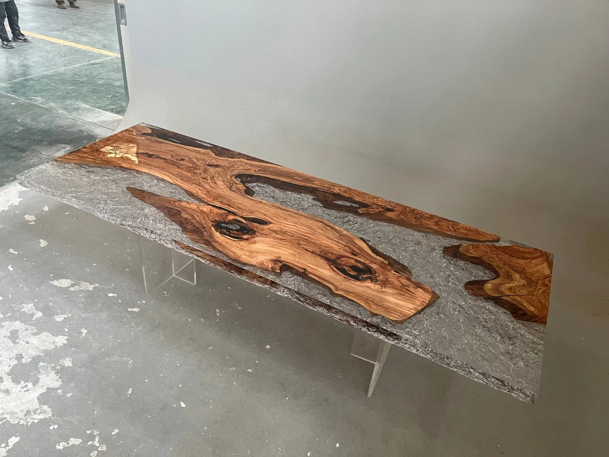 Aurora In Stock 39" x 110" x 3" Luxury Italian Olive Wood Epoxy Live Edge Table ATD0038