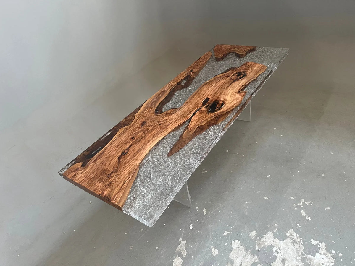 Aurora In Stock 39" x 110" x 3" Luxury Italian Olive Wood Epoxy Live Edge Table ATD0038