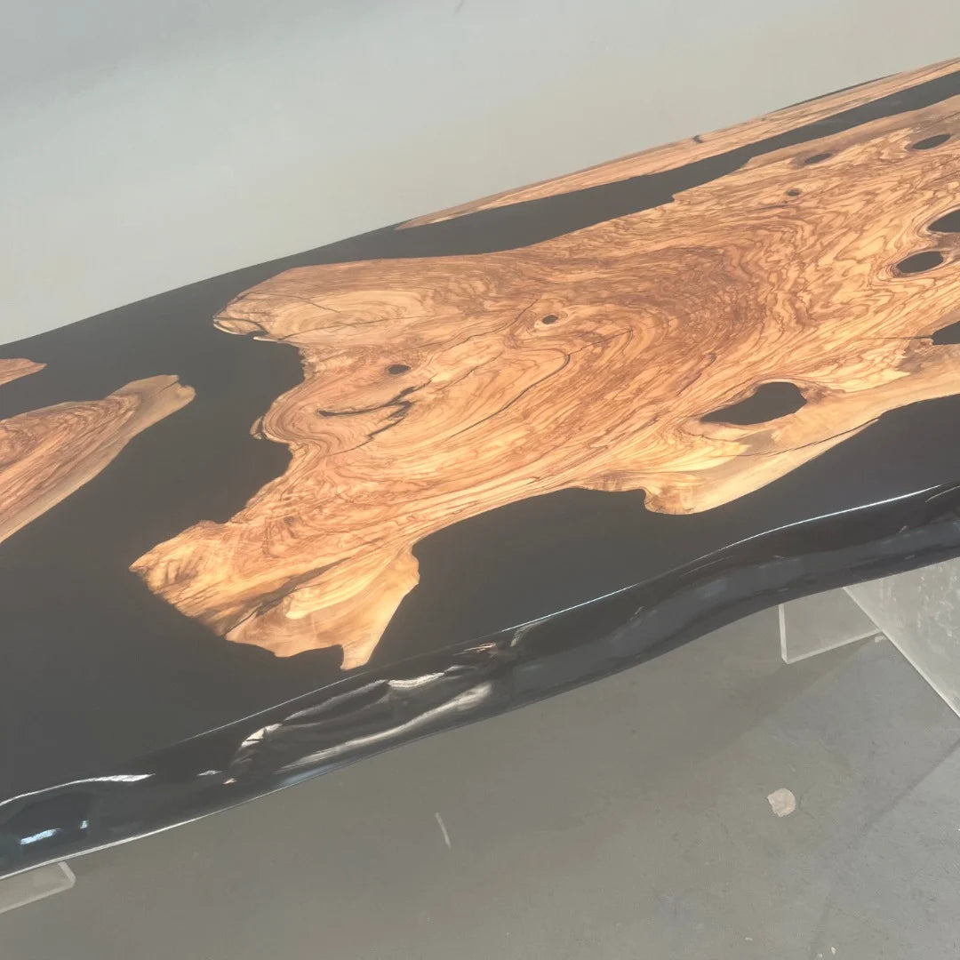 Aurora In Stock 47" x 118" x 2" Luxury Italian Olive Wood Epoxy Live Edge Table ATD0041