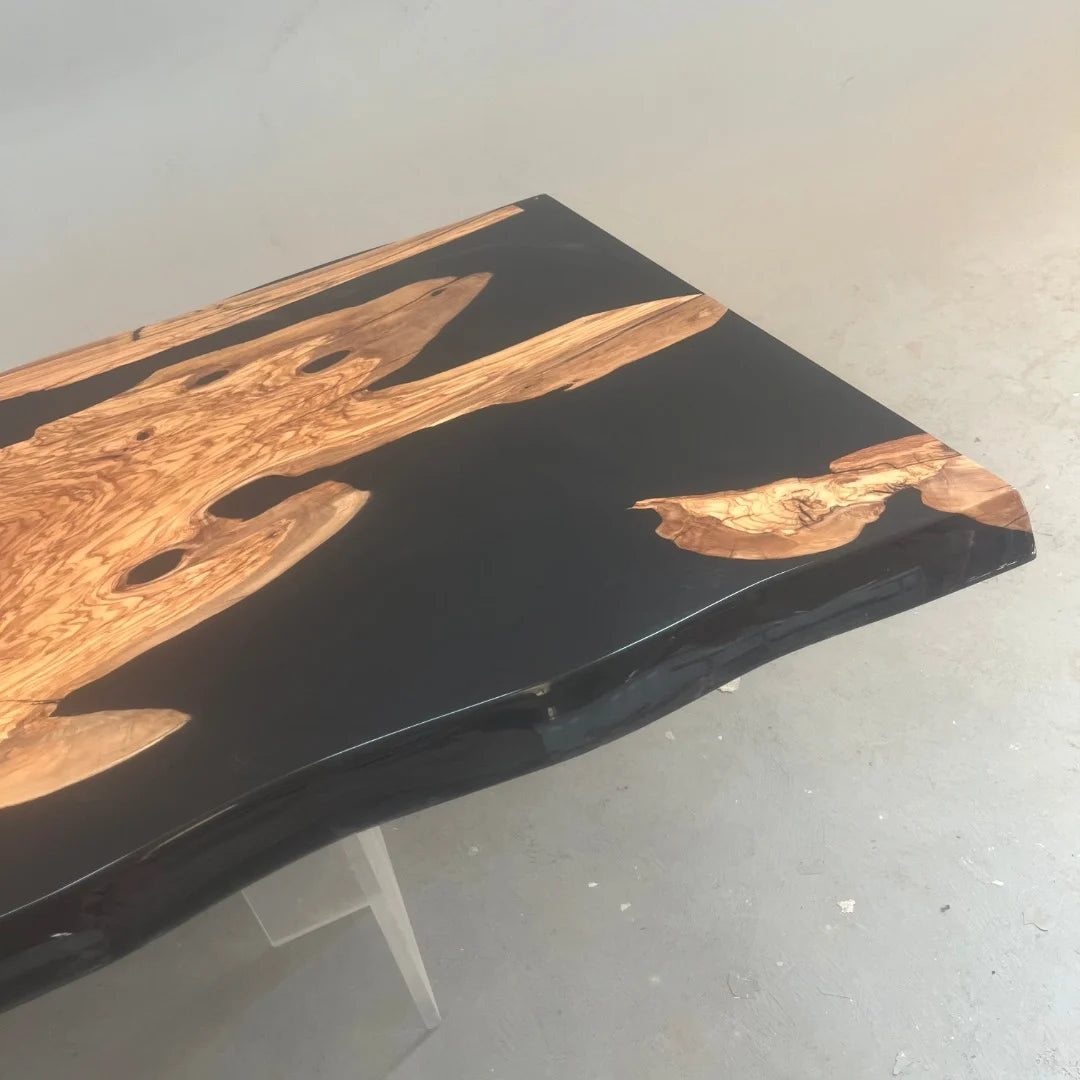 Aurora In Stock 47" x 118" x 2" Luxury Italian Olive Wood Epoxy Live Edge Table ATD0041