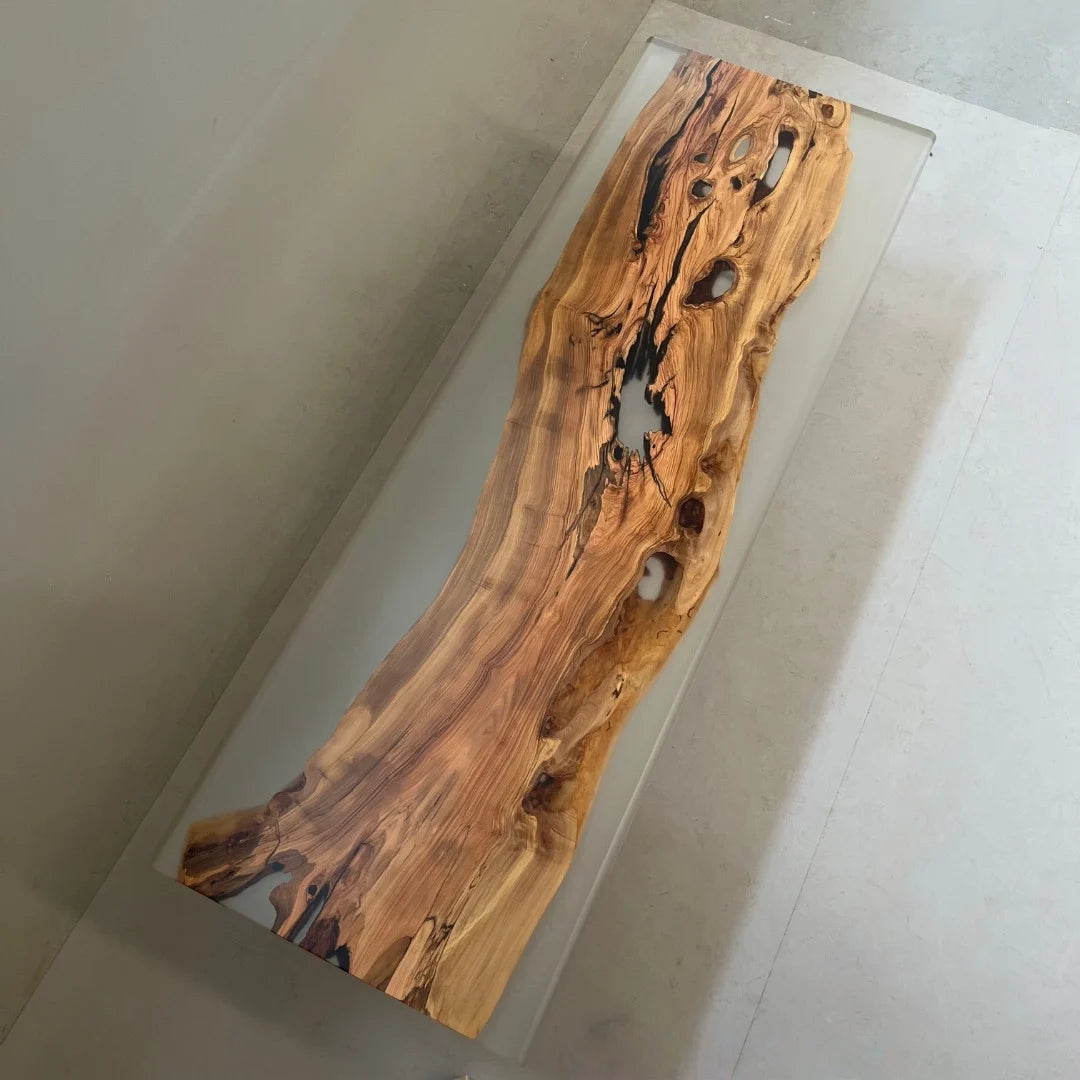 Aurora In Stock 43" x 126" x 3" Luxury Italian Olive Wood Epoxy Live Edge Table ATD0042 (Minor Imperfection)