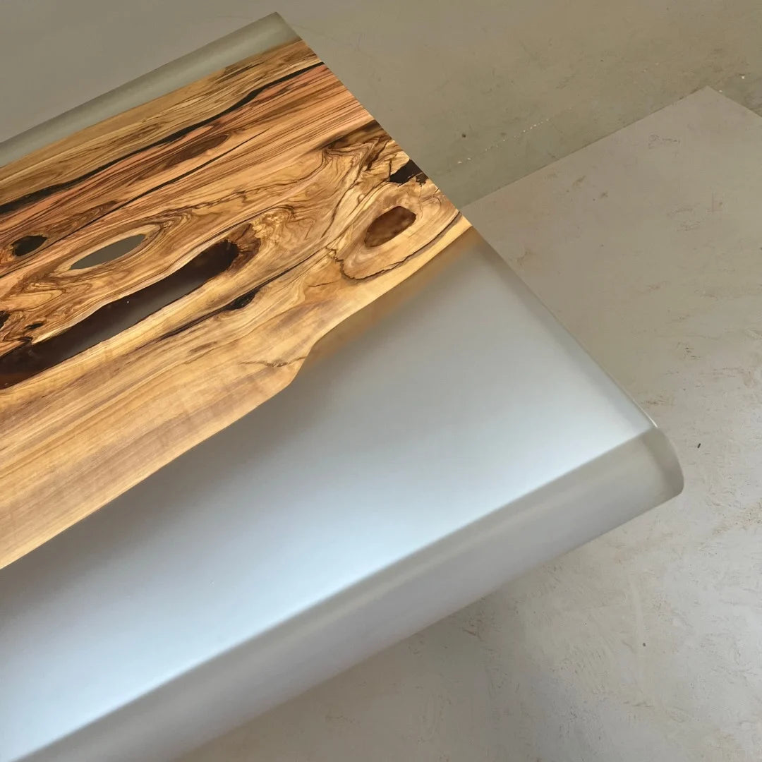 Aurora In Stock 43" x 126" x 3" Luxury Italian Olive Wood Epoxy Live Edge Table ATD0042 (Minor Imperfection)