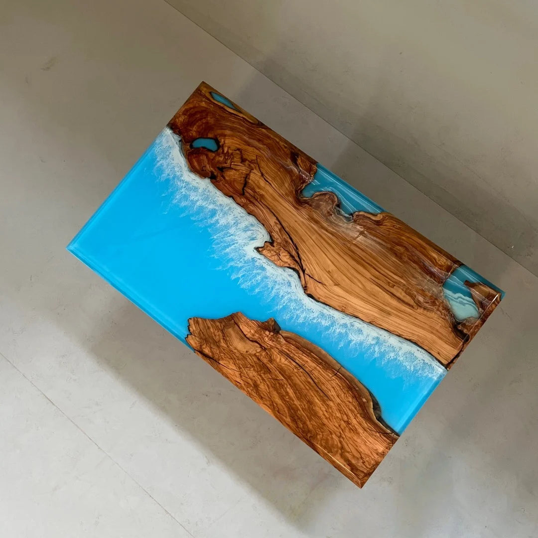 Aurora In Stock 36" x 60" x 2" Luxury Italian Olive Wood Epoxy Ocean Wave Beach Table ATD0043