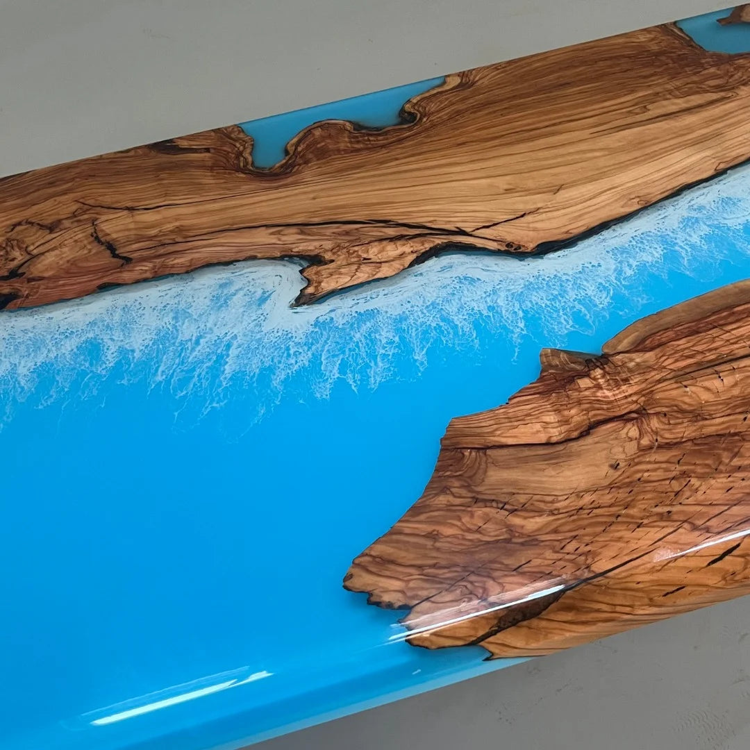 Aurora In Stock 36" x 60" x 2" Luxury Italian Olive Wood Epoxy Ocean Wave Beach Table ATD0043