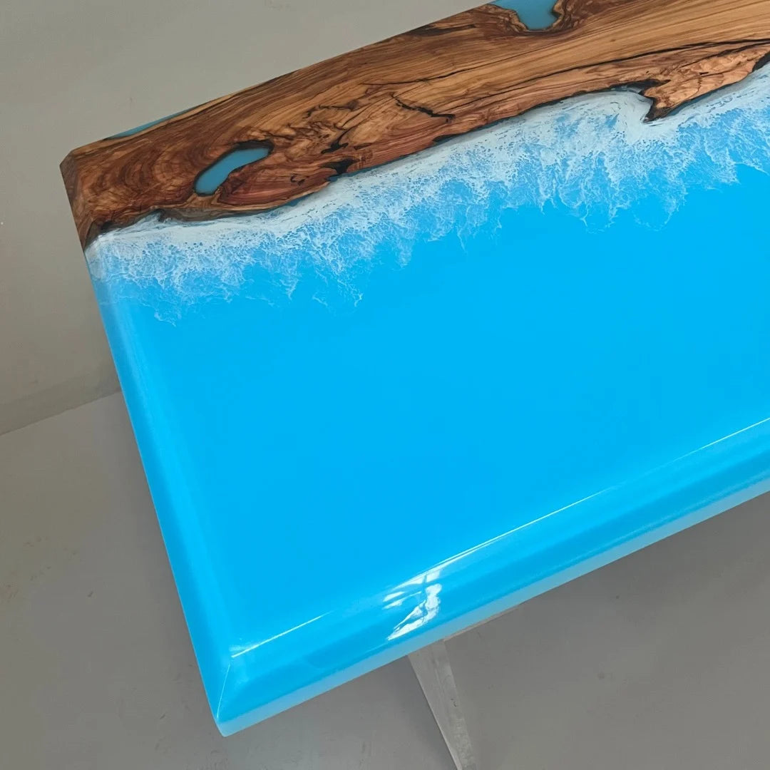 Aurora In Stock 36" x 60" x 2" Luxury Italian Olive Wood Epoxy Ocean Wave Beach Table ATD0043
