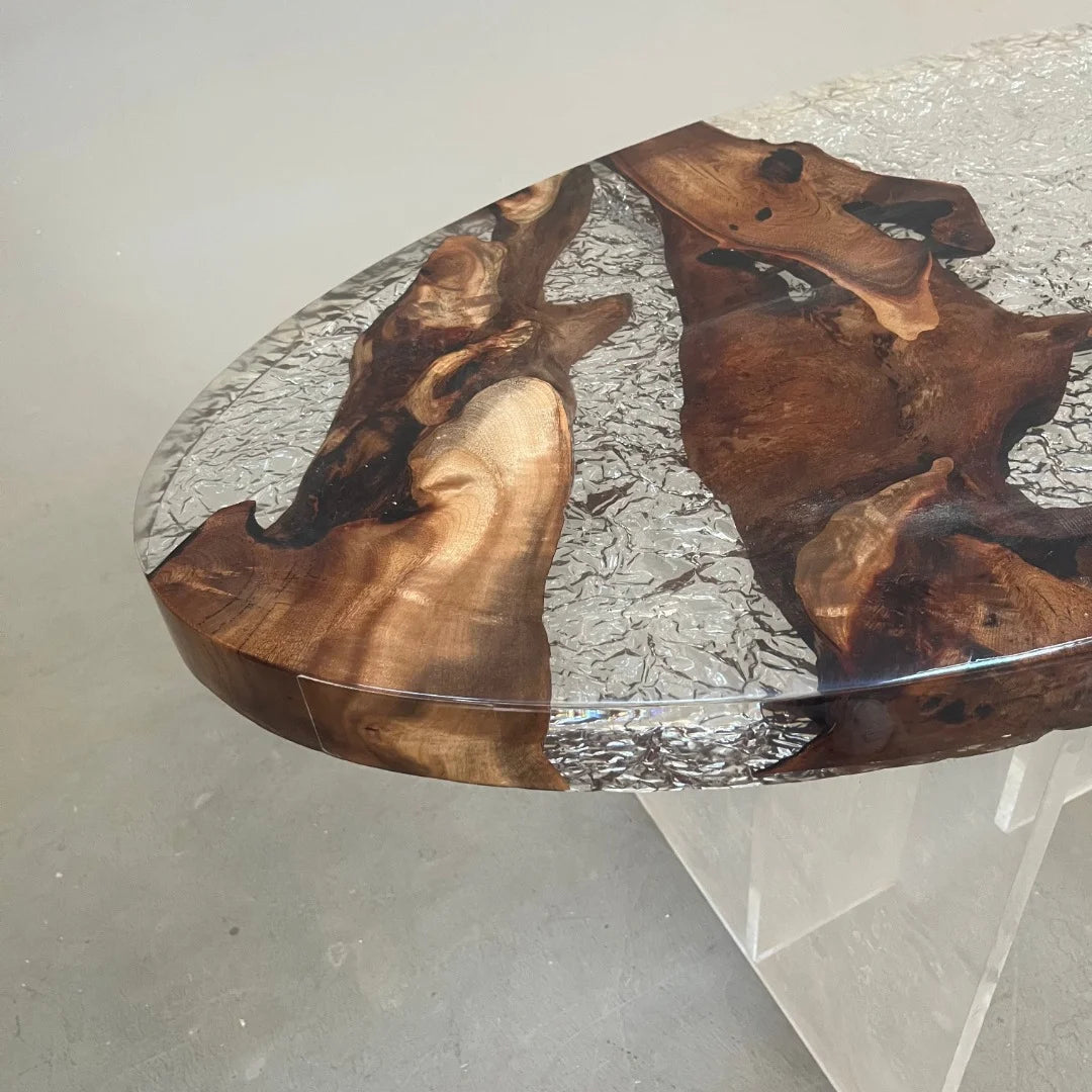Aurora In Stock 24" x 47" x 2" Luxury Golden Camphor Wood Round Epoxy Table ATD0097