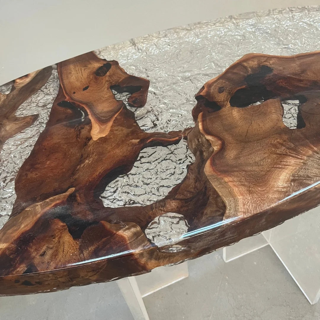 Aurora In Stock 24" x 47" x 2" Luxury Golden Camphor Wood Round Epoxy Table ATD0097