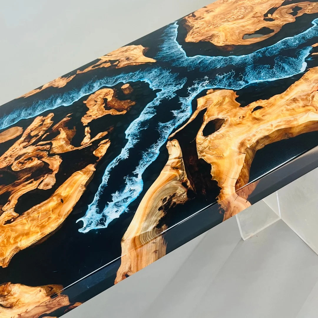 Aurora In Stock 36" x 84" x 2" Luxury Cedar Burl Epoxy Ocean Wave Beach Table ATD0139