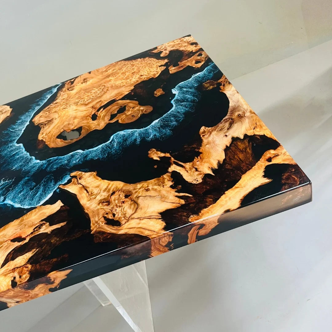 Aurora In Stock 36" x 84" x 2" Luxury Cedar Burl Epoxy Ocean Wave Beach Table ATD0139