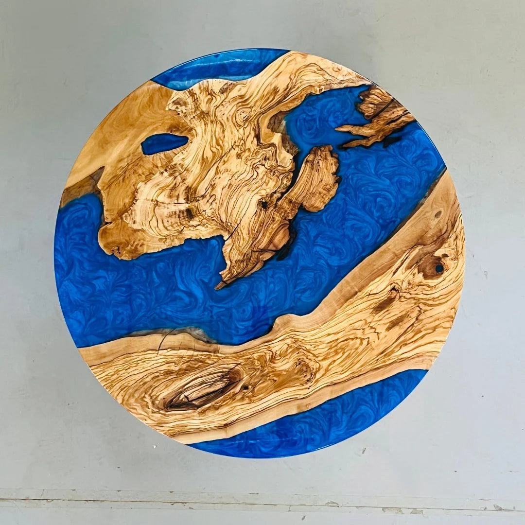 Aurora In Stock 36" x 36" x 2" Luxury Italian Olive Wood Round Epoxy Table ATD0140