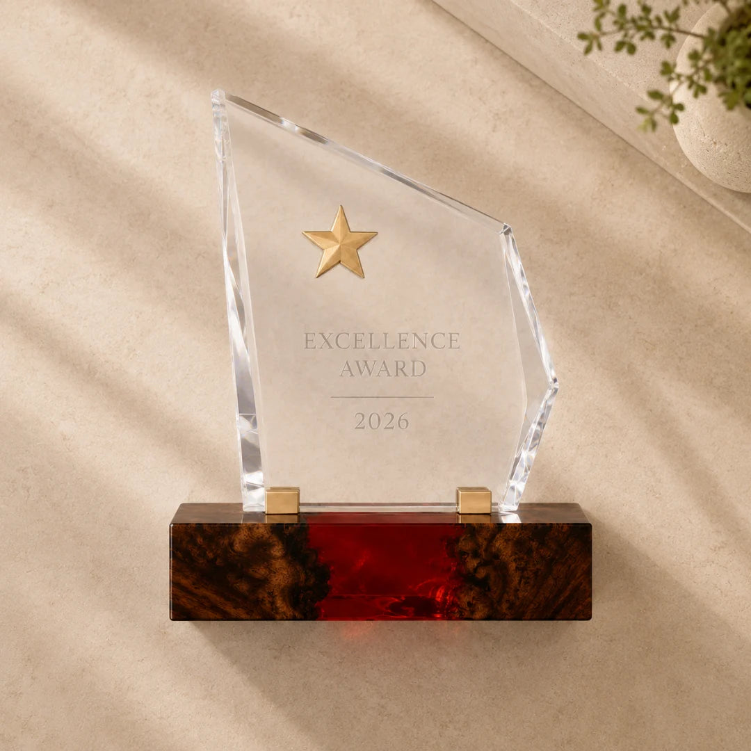 ATY05 Crimson Flame ruby red epoxy award trophy with handcrafted resin and natural-grain detail