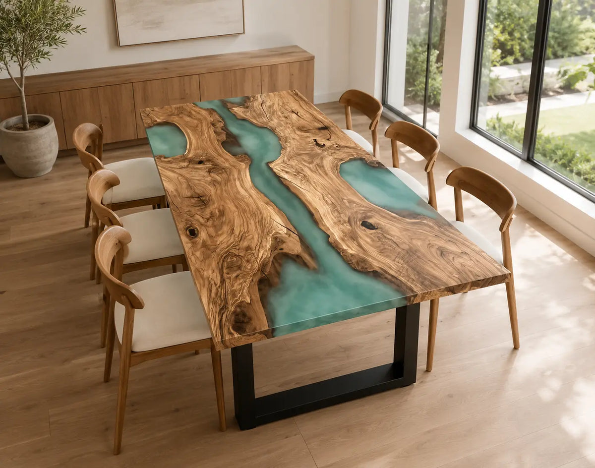 Smoky Turquoise Olive Wood Epoxy River Dining Table AWT-001