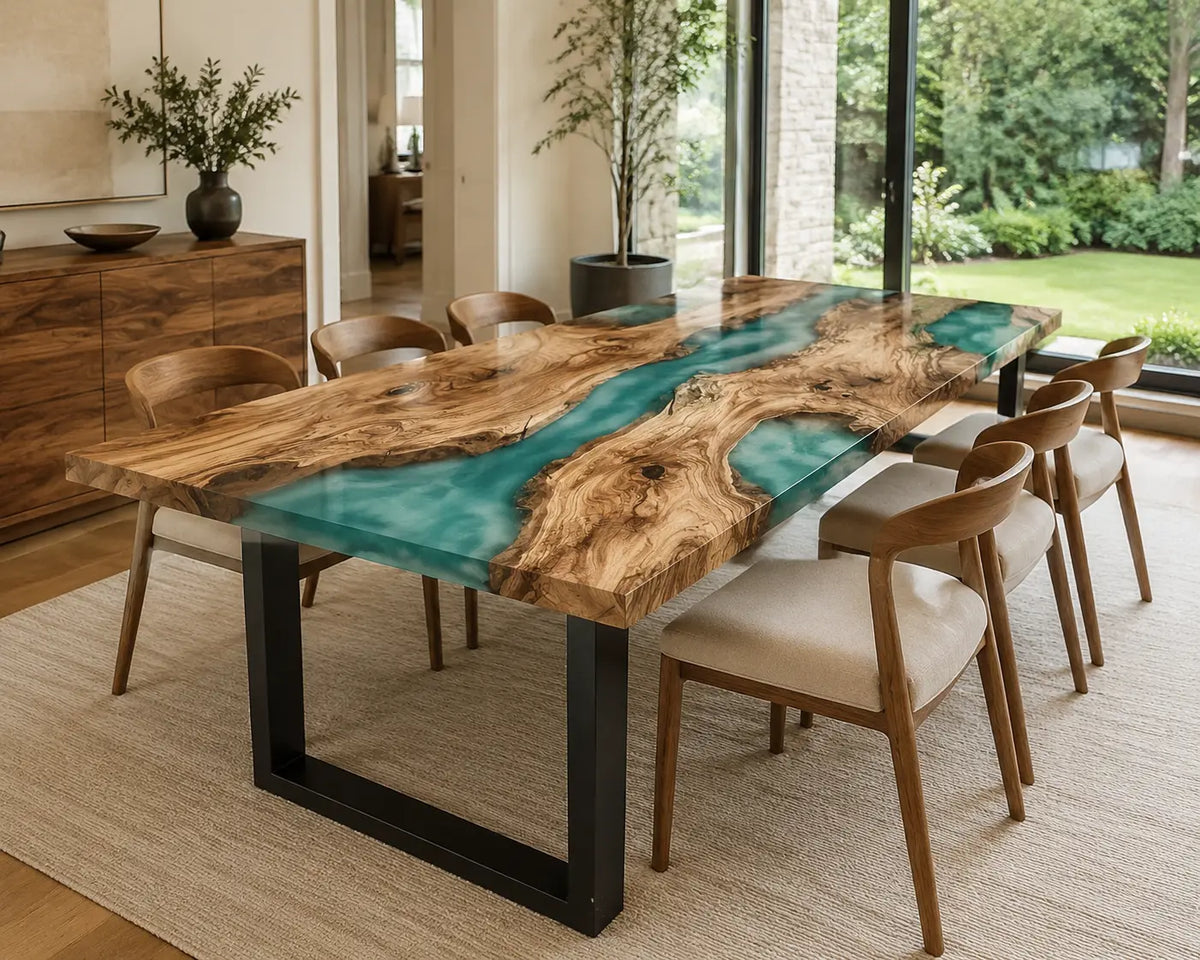 Smoky Turquoise Olive Wood Epoxy River Dining Table AWT-001