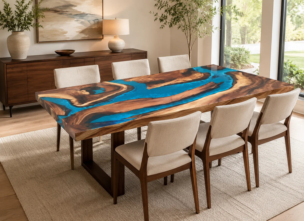 Ocean Blue Walnut Epoxy River Dining Table AWT-003