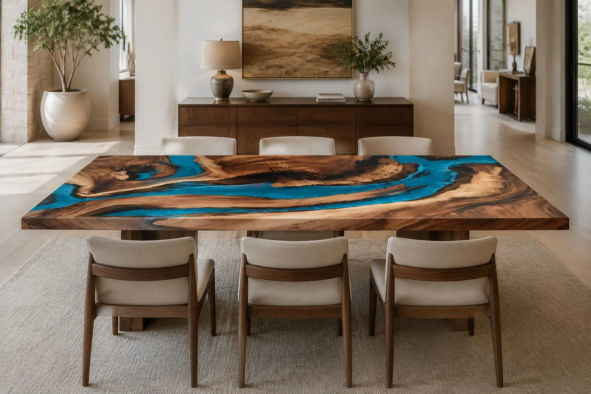 Ocean Blue Walnut Epoxy River Dining Table AWT-003