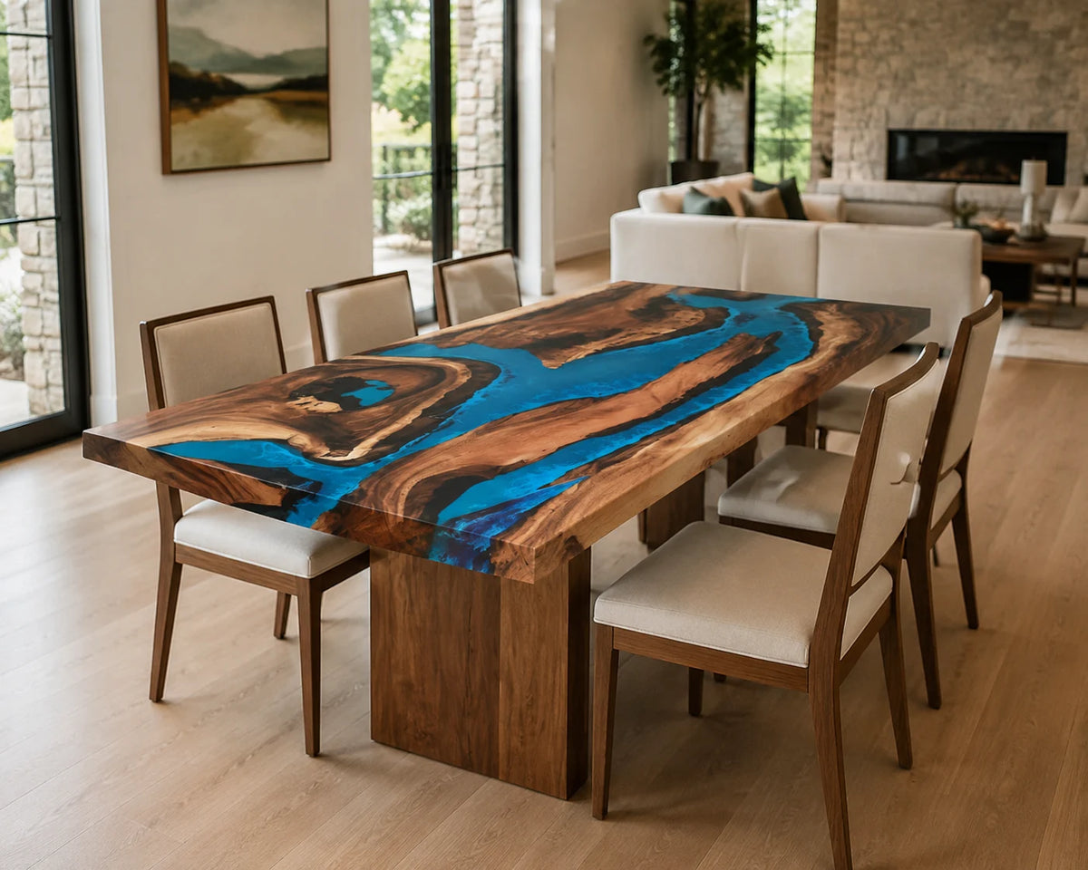 Ocean Blue Walnut Epoxy River Dining Table AWT-003