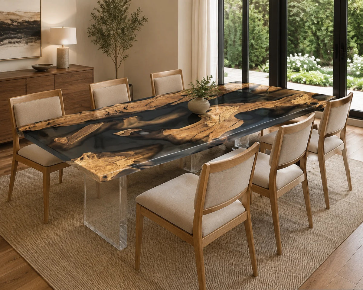 Smoky Black Olive Wood Epoxy Dining Table AWT-004