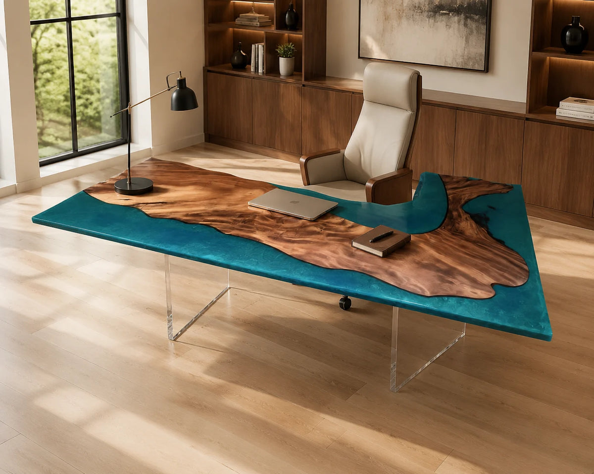 Turquoise Walnut Epoxy Executive Desk AWT-005