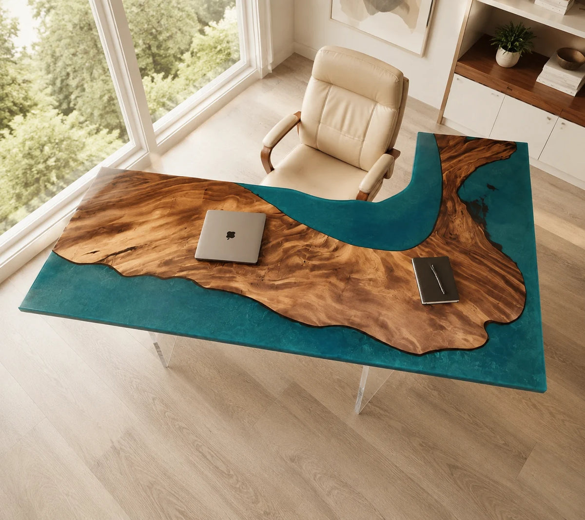 Turquoise Walnut Epoxy Executive Desk AWT-005