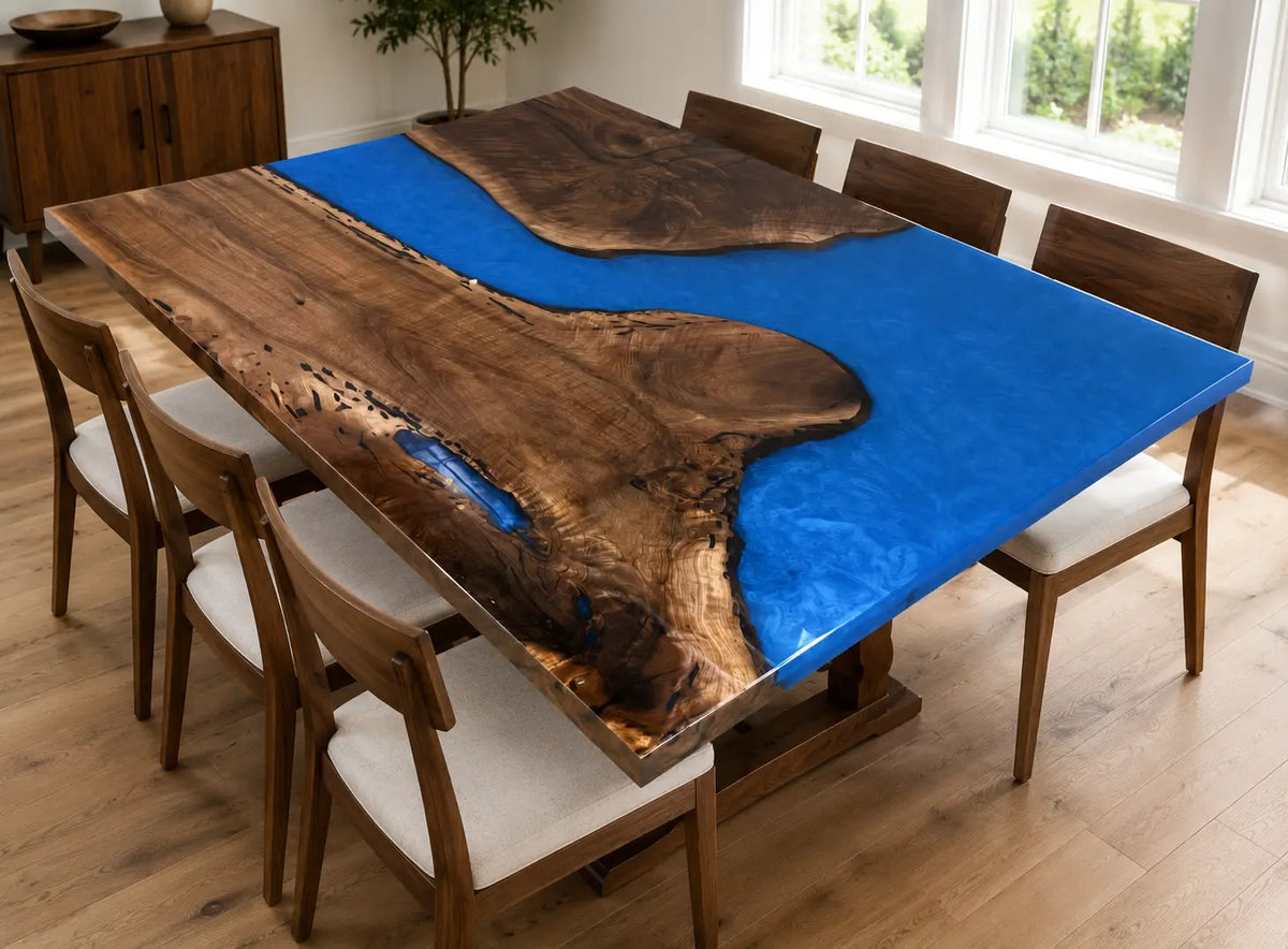 Sapphire Blue Black Walnut Epoxy River Dining Table AWT-007