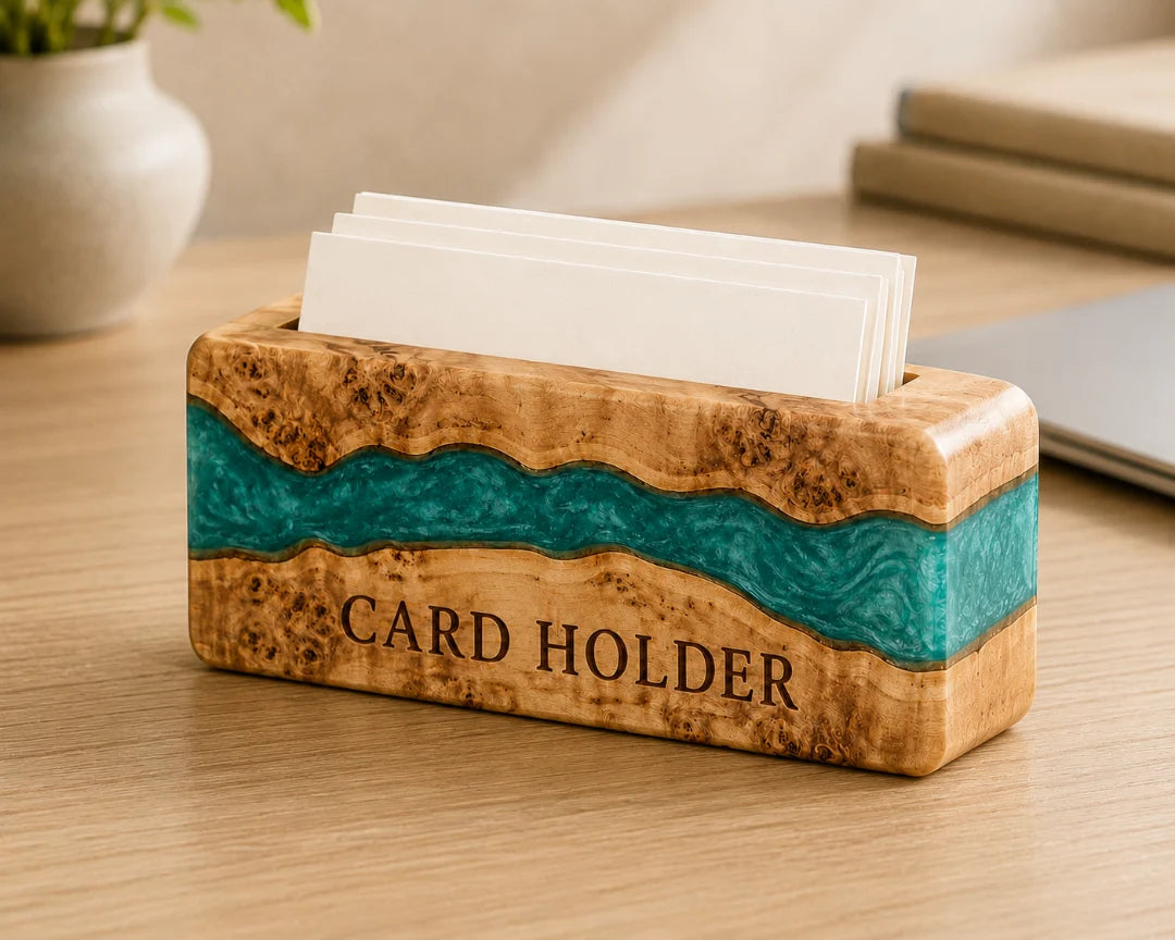 BC01 Teal Current turquoise epoxy business card holder with handcrafted resin and natural-grain detail