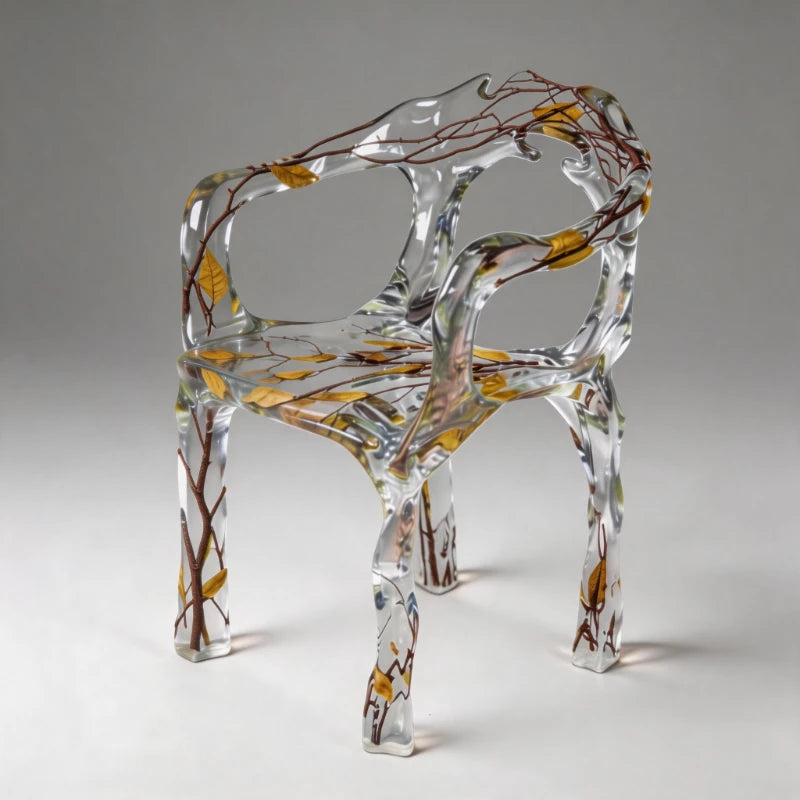 BC01 clear resin bar chair with amber branch inclusions and integrated arms