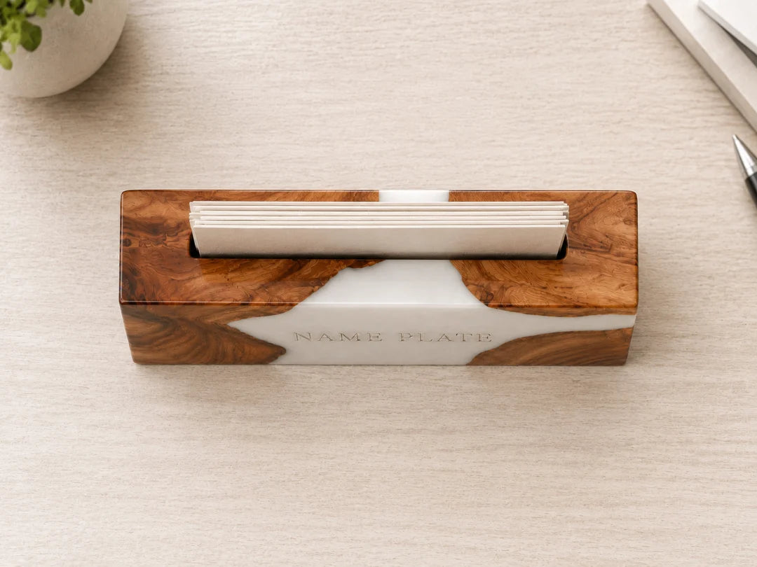 BC02 White Gallery pearl white epoxy nameplate and card holder with handcrafted resin and natural-grain detail