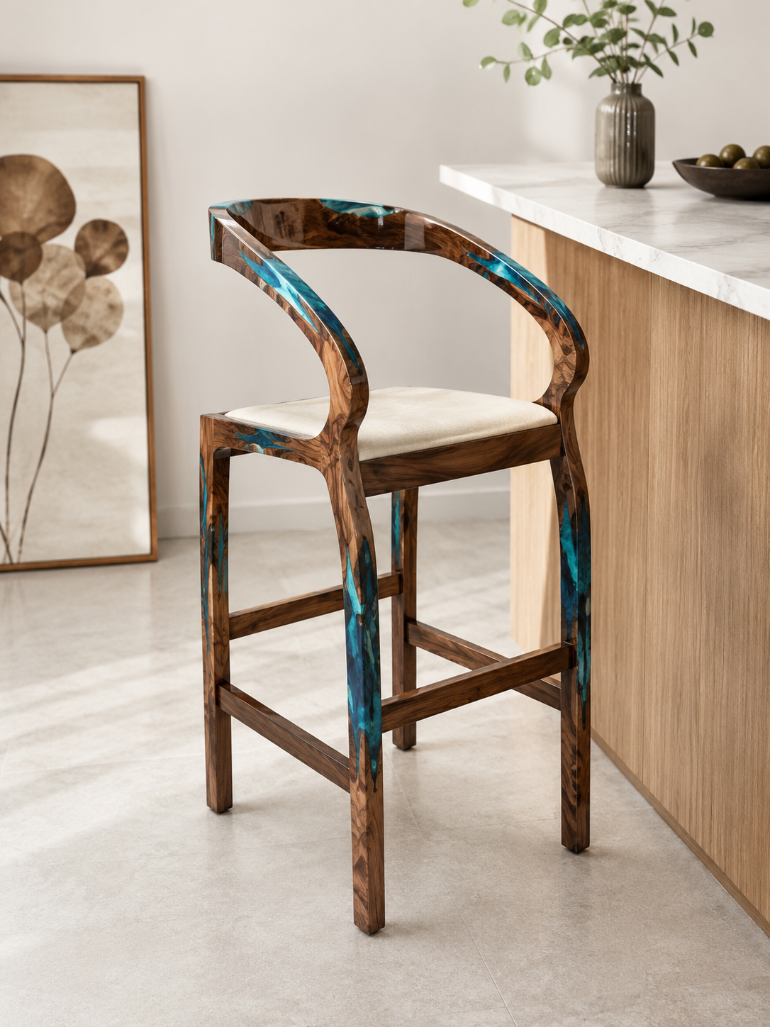 BC02 wood bar chair with turquoise resin inlays and a light upholstered seat
