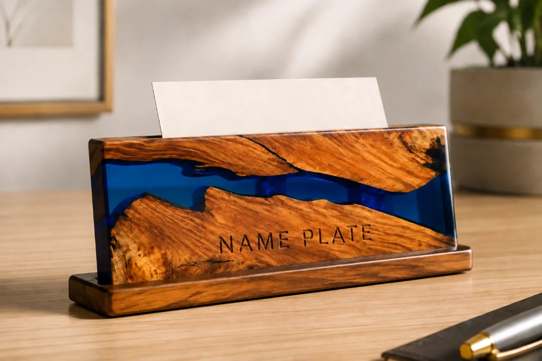 BC03 Cobalt Deskline royal blue epoxy nameplate and card holder with handcrafted resin and natural-grain detail