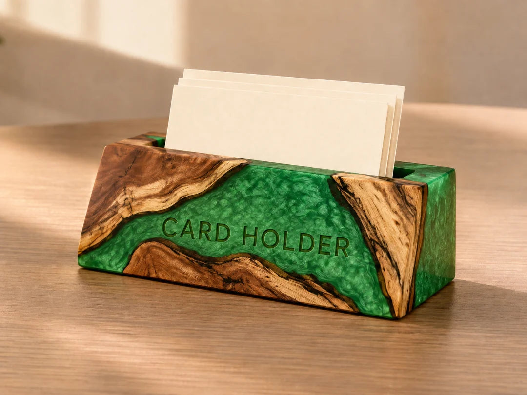 BC04 Emerald Fold emerald green epoxy business card holder with handcrafted resin and natural-grain detail